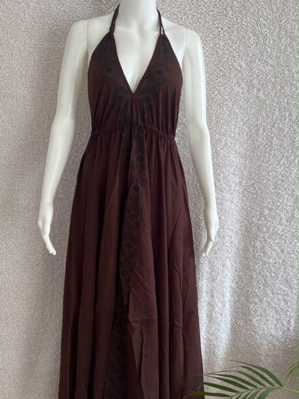 Thearah Brown Cotton Linen Halter Maxi Dress, Gold Geometric Trim